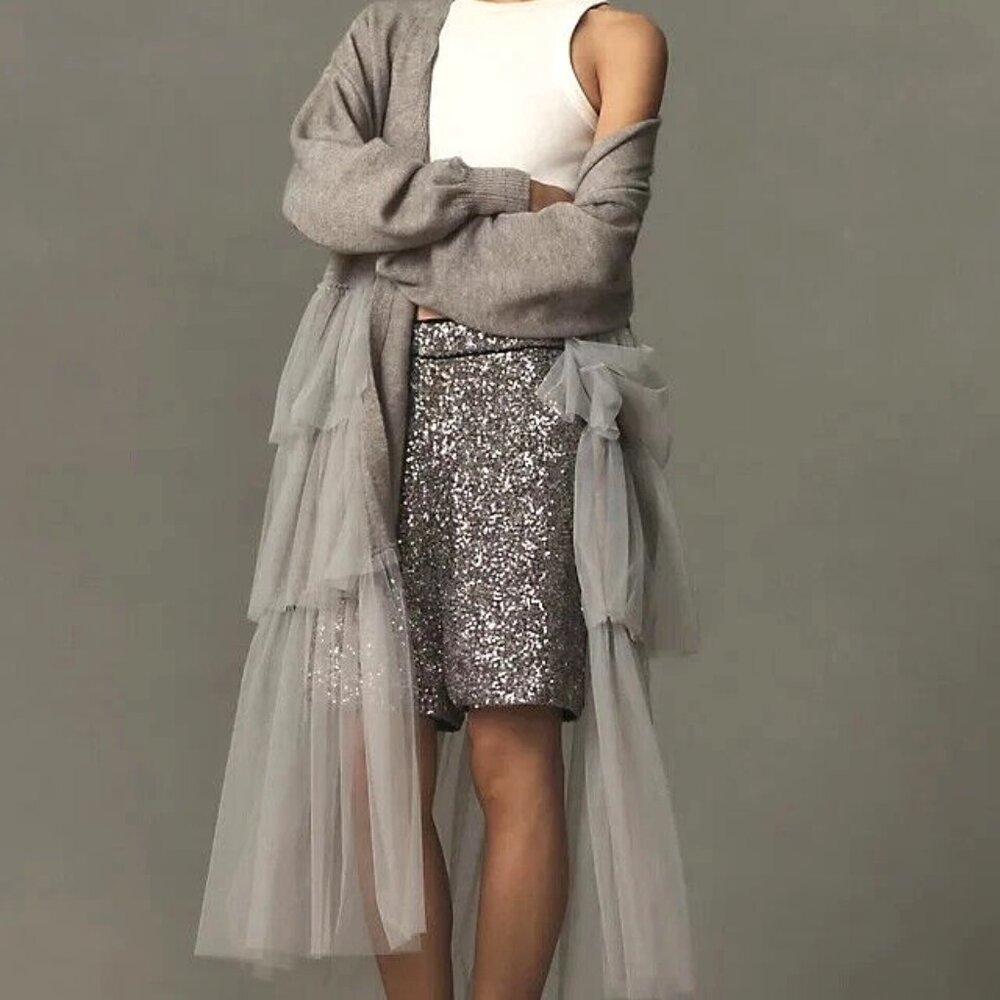 Anthropologie Sunday in Brooklyn Gray Ruffle-Tier Cardigan Sweater – One Size